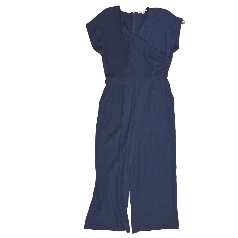 Calvin Klein Womens Jumpsuit Small Navy Blue Gauzy Wide‎ Leg Surplice Neckline